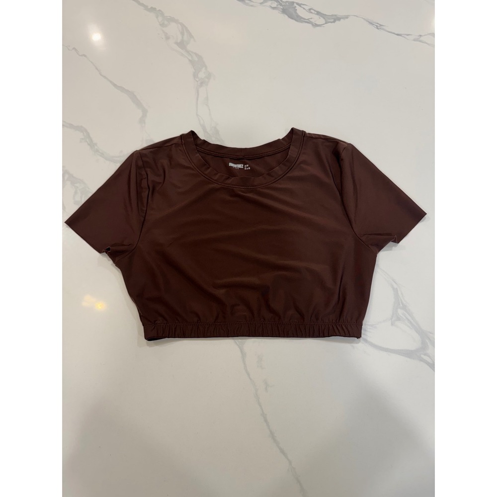 Aerie Smoothez Crop Top Short Sleeve Elastic Hem Size Medium Brown Women's